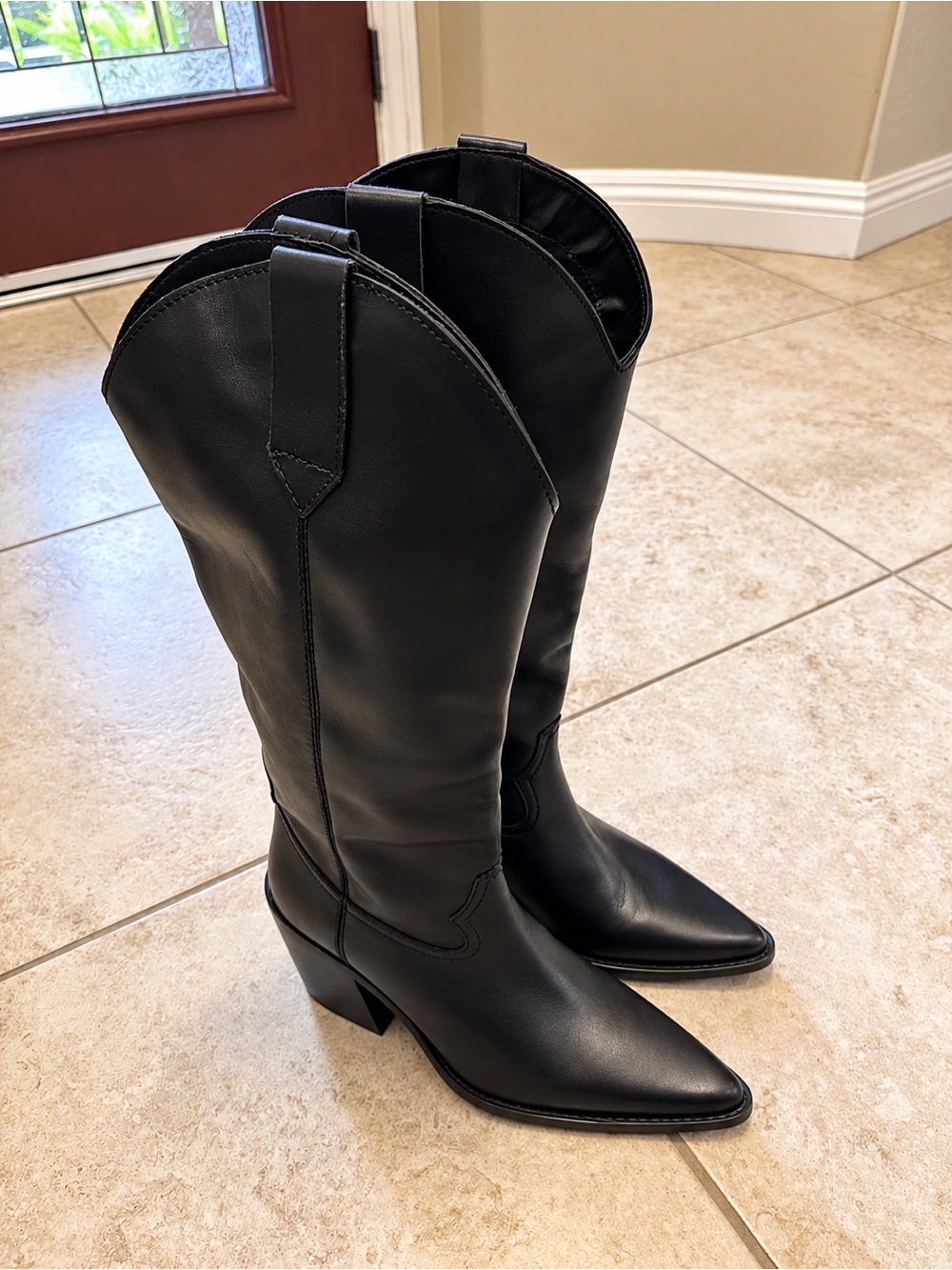 Mango Conway Black Leather Knee High Cowboy Western Boots EU 38 US 7.5